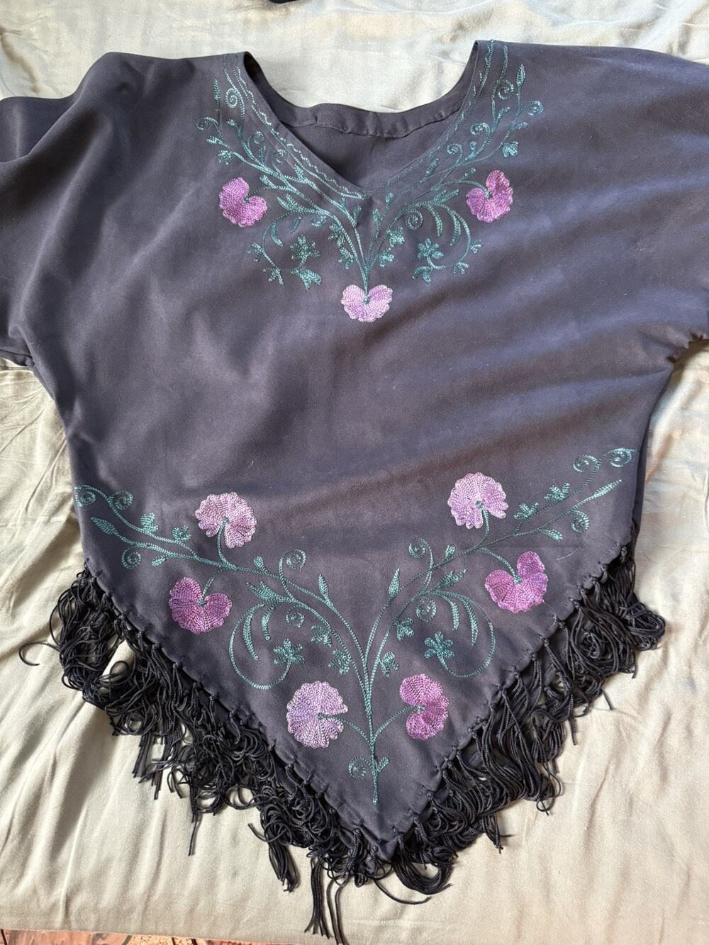 Faux Suede Fringed Velvet Medium Black Embroidered Floral Festival Western Boho